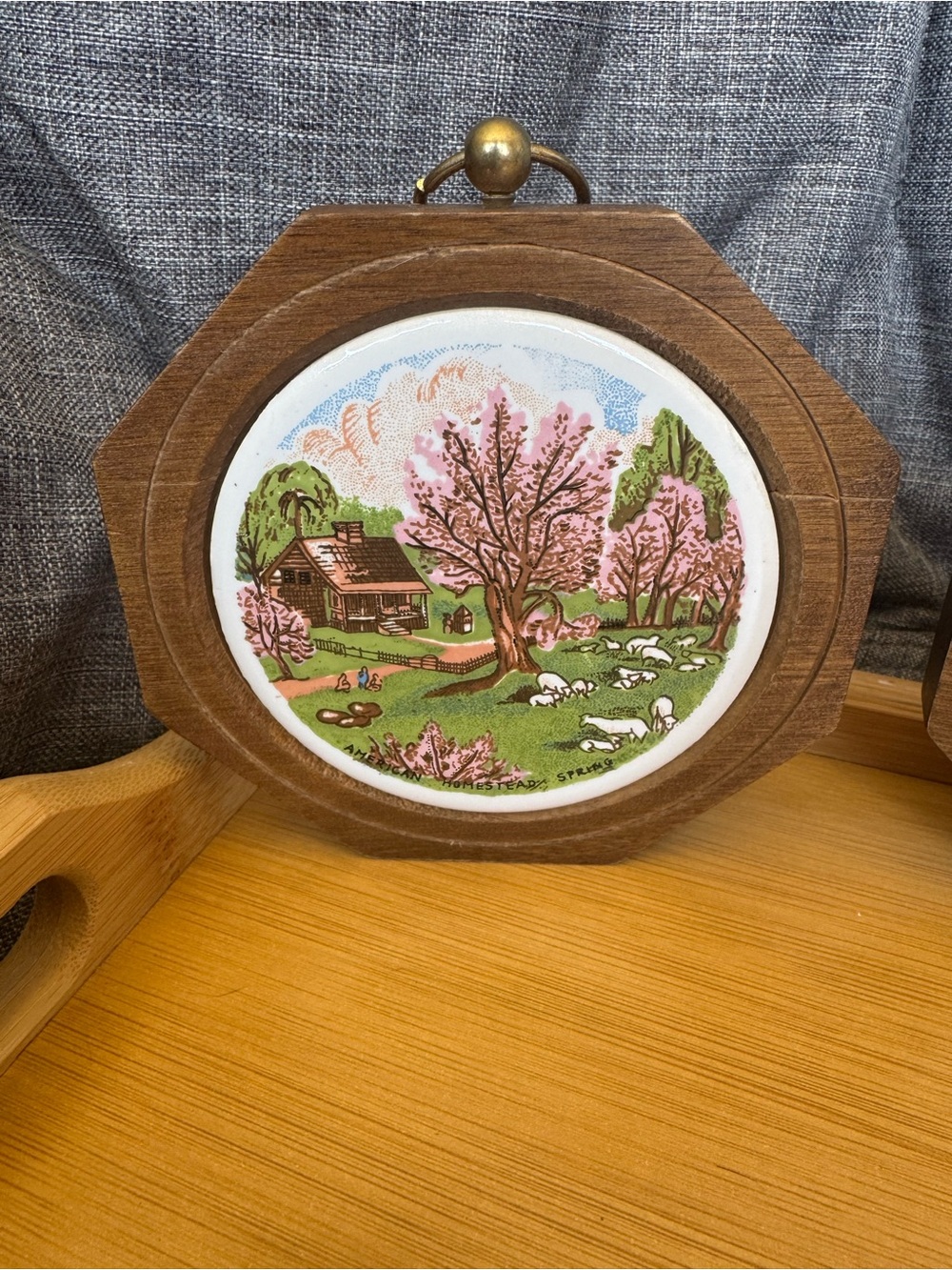 Set of 4 Vintage Currier & Ives Four Seasons Wood Framed Ceramic Wall Decor - Picture 4 of 9